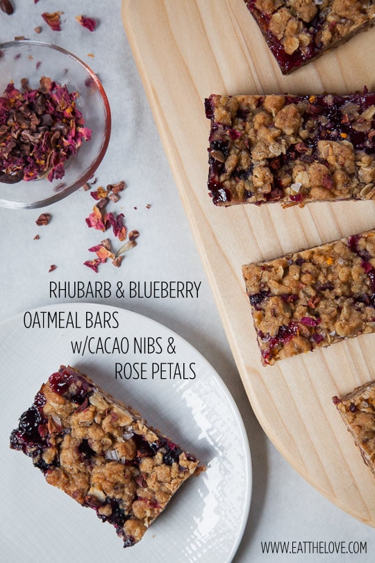 Rhubarb & Blueberry Oatmeal Bars with Cacao Nibs & Rose Petals