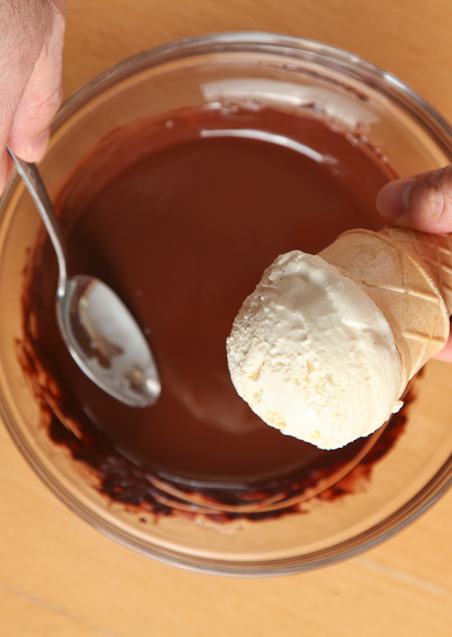 Take ice cream to bowl of chocolate