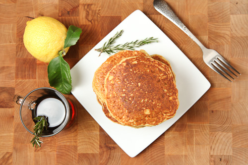 Quinoa Cornmeal Lemon Honey Pancakes with Rosemary infused Maple Syrup