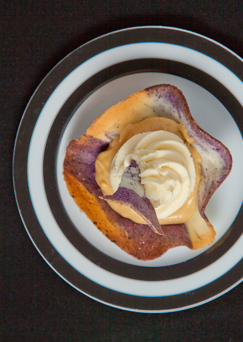 Star Anise infused Maple Mousse in a Blueberry and Lemon Tuile Cup topped with White Chocolate Whipped Cream