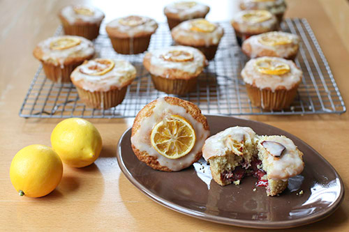 Gluten Free Glazed Meyer lemon Muffins filled with Slow Roasted Balsamic Red Wine Strawberry Jam