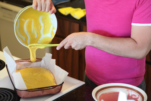 Pour the Mango curd onto the hot crust. 