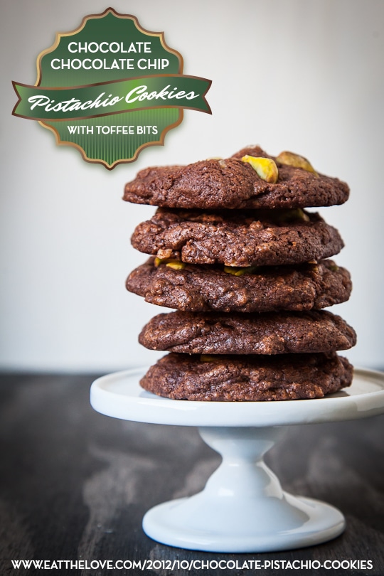 Chocolate Chocolate Chip Pistachio Cookies with Toffee Bits by Irvin Lin of Eat The Love