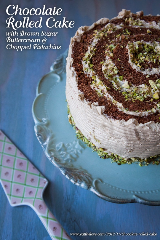 Chocolate Rolled Cake with Brown Sugar Buttercream and Chopped Pistachios by Irvin Lin of Eat the Love. www.eatthelove.com