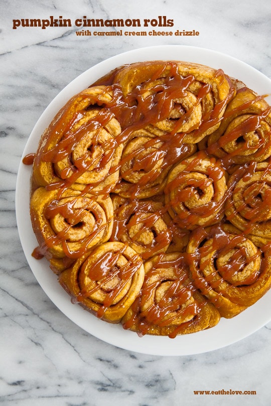 Pumpkin Cinnamon Rolls with Easy Caramel Cream Cheese Drizzle. Photo and recipe by Irvin Lin of Eat the Love. www.eatthelove.com