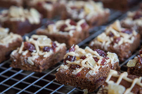 Hermits Cookies with brown sugar icing, crystallized ginger and dried tart cherries. Recipe and Photo by Irvin Lin of Eat the Love. www.eatthelove.com