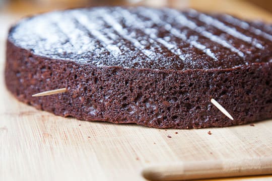 Stick toothpicks halfway up the side of the cake layers.
