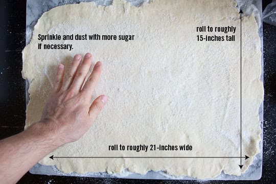 Roll the dough out, using more sugar if it sticks, to a 21 x 15 inch rectangle. Photo and recipe by Irvin Lin of Eat the Love. www.eatthelove.com