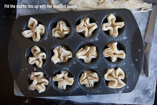 Fill the muffin tin with the pinched dough. Photo by Irvin Lin of Eat the Love. www.eatthelove.com