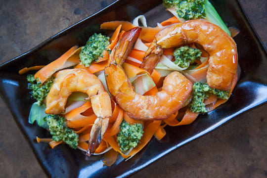 Tea Smoked Shrimp Parsnip, Broccoli and Carrot Salad & Asian Pesto. Recipe and Photo by Irvin Lin of Eat the Love. www.eatthelove.com