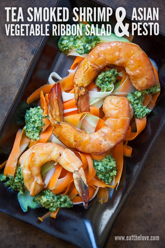 Tea Smoked Shrimp Vegetable Ribbon Salad & Asian Pesto. Recipe and Photo by Irvin Lin of Eat the Love. www.eatthelove.com