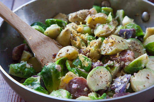 Brussels Sprout Salad with Fingerling Potatoes, Juniper Berries and Caraway Seeds. Easy, made from scratch recipe from Irvin of Eat the Love. www.eatthelove.com