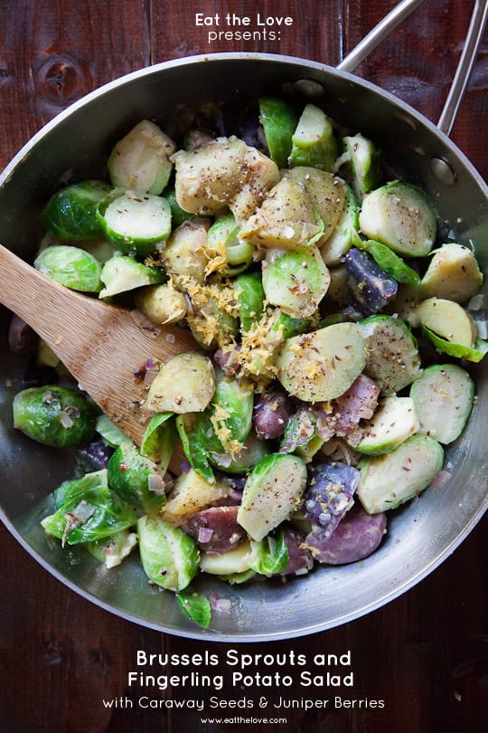 Brussels Sprout Salad with Fingerling Potatoes, Caraway Seeds and Juniper Berries. Easy, made from scratch recipe from Irvin of Eat the Love. www.eatthelove.com