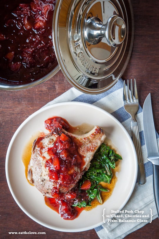 Stuffed Pork Chop Recipe with Chard, Cherries and a Plum Balsamic Reduction Glaze. Recipe and Photo by Irvin Lin of Eat the Love.