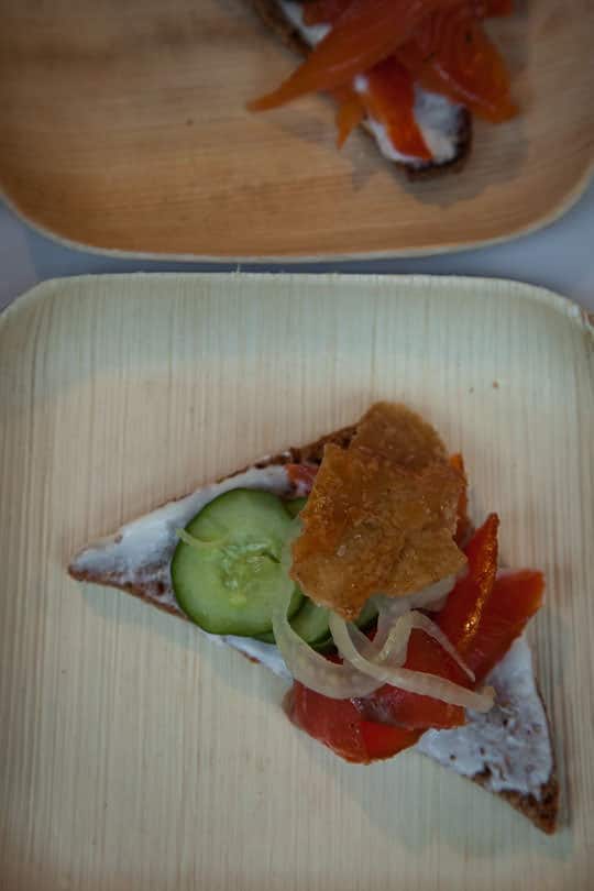 Gravlax, Skyr and Fried Chicken Skin on Rye bread at the Feast Portland Sandwich Invitational. Photo by Irvin Lin of Eat the Love. 