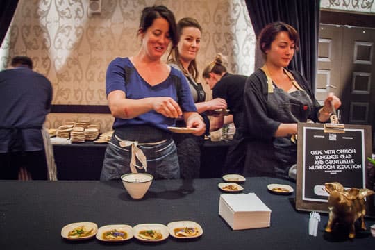 Naomi Pomeroy of Beast serving up Crepe with Oregon Dungeness Crab and Chanterelle Mushroom Reduction. Photo by Irvin Lin of Eat the Love. 