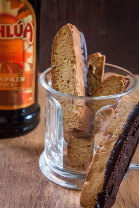 Kahlúa Pumpkin Spice Almond Biscotti dipped in chocolate. Photo by Irvin Lin of Eat the Love.