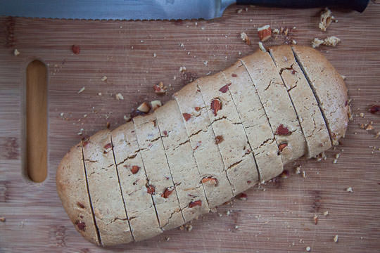 Slice the baked biscotti loafs into 1 inch cookies. Process photo by Irvin Lin of Eat the Love.