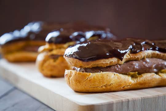 Pumpkin Spice Eclairs with Chocolate Beer Pastry Cream Filling and Chocolate Beer Ganache Glaze. Photo by Irvin Lin of Eat the Love.