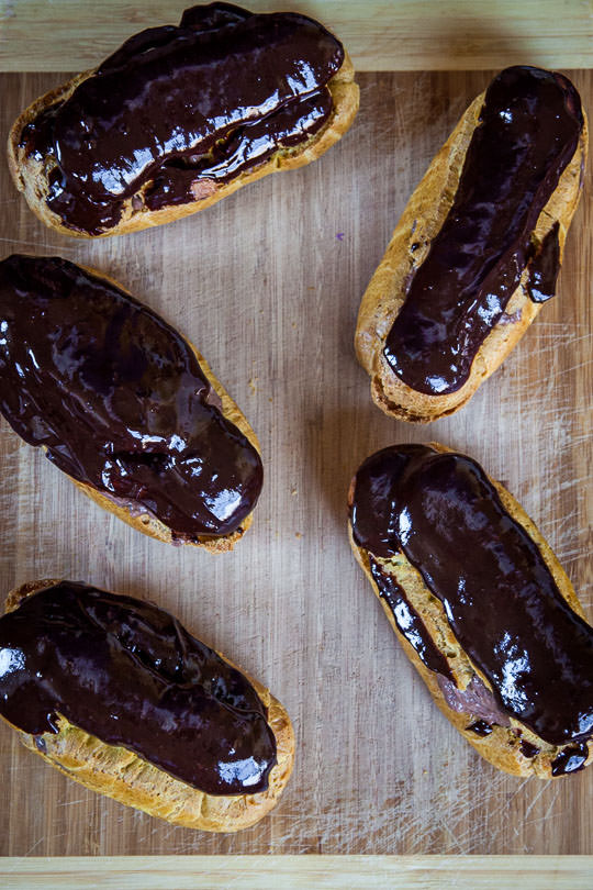 Pumpkin Eclairs with Chocolate Beer Pastry Creme filling and Chocolate Beer Ganache. Photo and recipe by Irvin Lin of Eat the Love.
