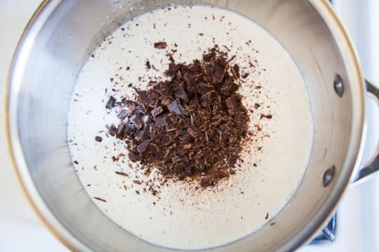 Place the chopped chocolate in the pan with the cream and beer. Photo by Irvin Lin of Eat the Love.