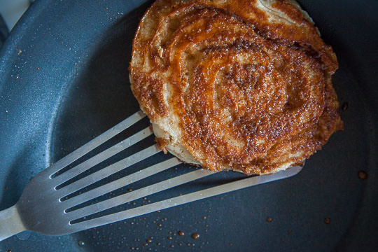 Flip the pancake with a thin metal spatula if you have it. Process photo by Irvin Lin of Eat the Love.