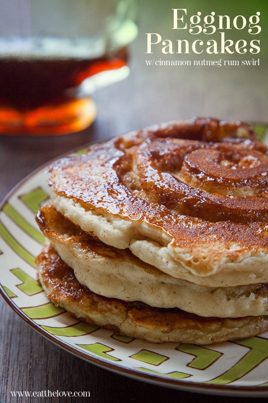 Eggnog Pancakes with Cinnamon Nutmeg Rum Swirl. Recipe and Photo by Irvin Lin of Eat the Love.