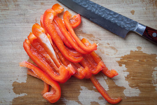 Slice the red pepper for the Korean japchae. Photo by Irvin Lin of Eat the Love.