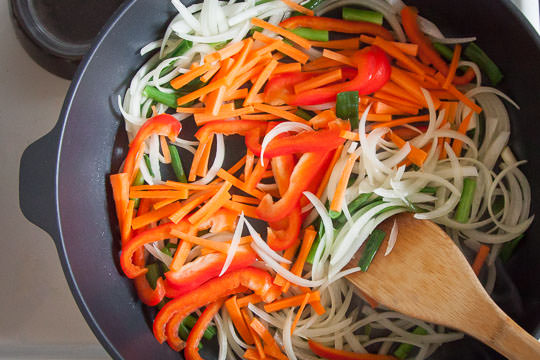 Cooking the vegetables for the Korean japchae recipe. Photo by Irvin Lin of Eat the Love.