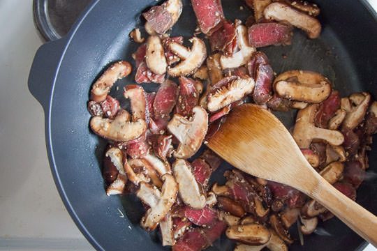 Cook the beef and mushrooms together for the Korean japchae recipe. Photo by Irvin Lin of Eat the Love.