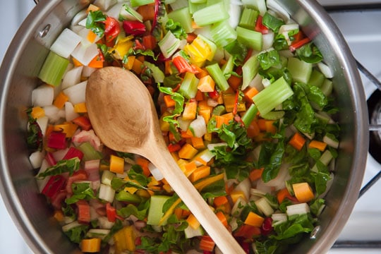 Cook the summer minestrone aromatic vegetables first to soften. Photo by Irvin Lin of Eat the Love.