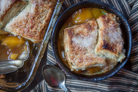Peach and Nectarine Cobbler with Flakey Sage Biscuit Topping and Honey Mead Filling with step-by-step photos! Recipe photos by Irvin Lin of Eat the Love.