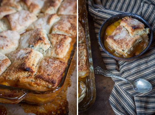 Nectarine and Peach Cobbler with Flakey Sage Biscuit Topping and Honey Mead Filling. Recipe and step-by-step photos by Irvin Lin of Eat the Love.
