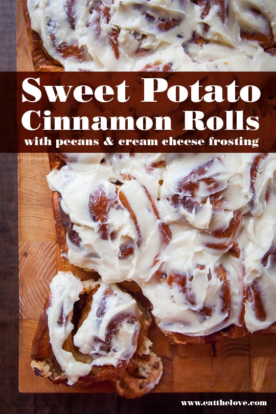 Sweet Potato Cinnamon Rolls with Pecans and Cream Cheese Frosting. Photo and recipe by Irvin Lin of Eat the Love.