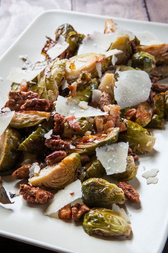 Roasted Brussels Sprouts Recipe with Pancetta, Candied Pecans and Parmesan. Photo and recipe by Irvin Lin of Eat the Love.