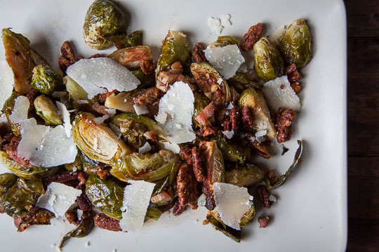 Brussels Sprouts Recipe with Pancetta, Candied Pecans and Parmesan. Photo and recipe by Irvin Lin of Eat the Love.