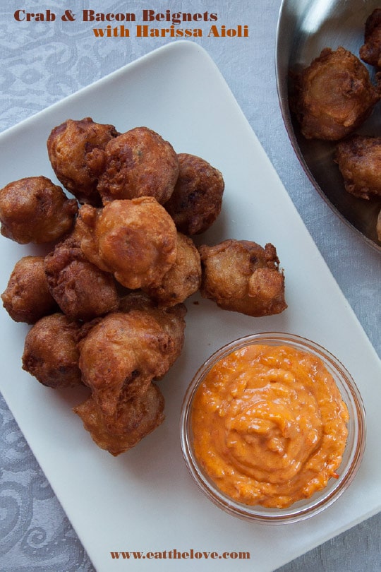 Crab and Bacon Beignets with Harissa Aioli. Recipe and photo by Irvin Lin of Eat the Love