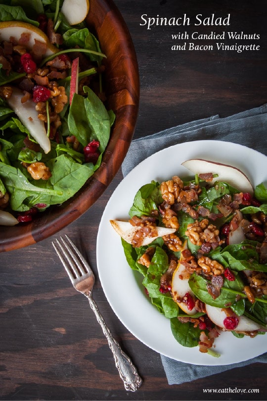 Spinach salad with candied walnuts and bacon vinaigrette. Photo and recipe by Irvin Lin of Eat the Love.