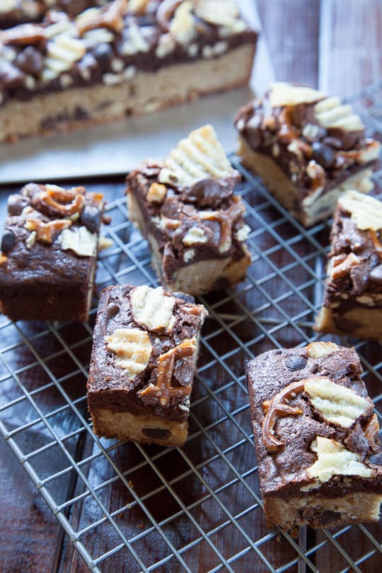 Awesome Brookies Recipe (brownie and cookie) with potato chips, pretzels and double chocolate chips. Photo and recipe by Irvin Lin of Eat the Love.