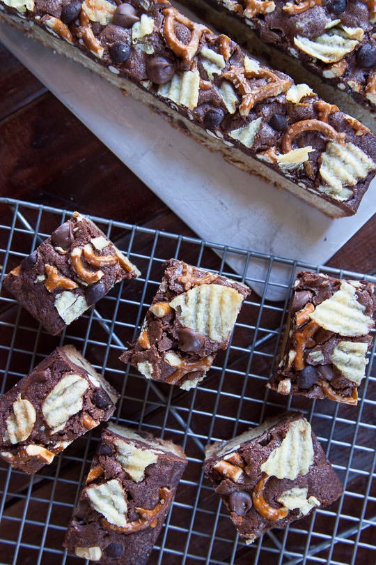 Brookies Recipe (brownie and cookie) with potato chips, pretzels and double chocolate chips. Photo and recipe by Irvin Lin of Eat the Love.