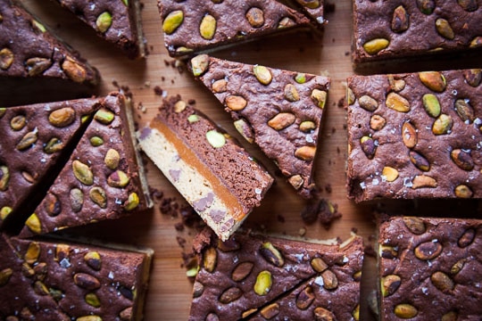 Brookies (Brownies + Cookies) Caramel Bars with Pistachios. Easier to make than they look! Photo and recipe by Irvin Lin of Eat the Love.