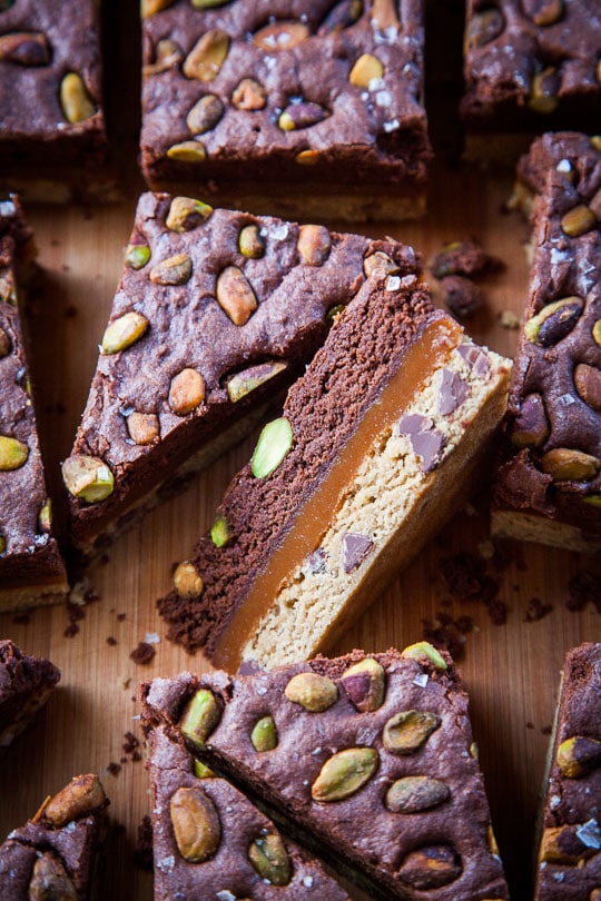 Brookies (Brownies + Cookies) Bars Recipe with a chewy caramel center and salty pistachios on top! Photo and recipe by Irvin Lin of Eat the Love.