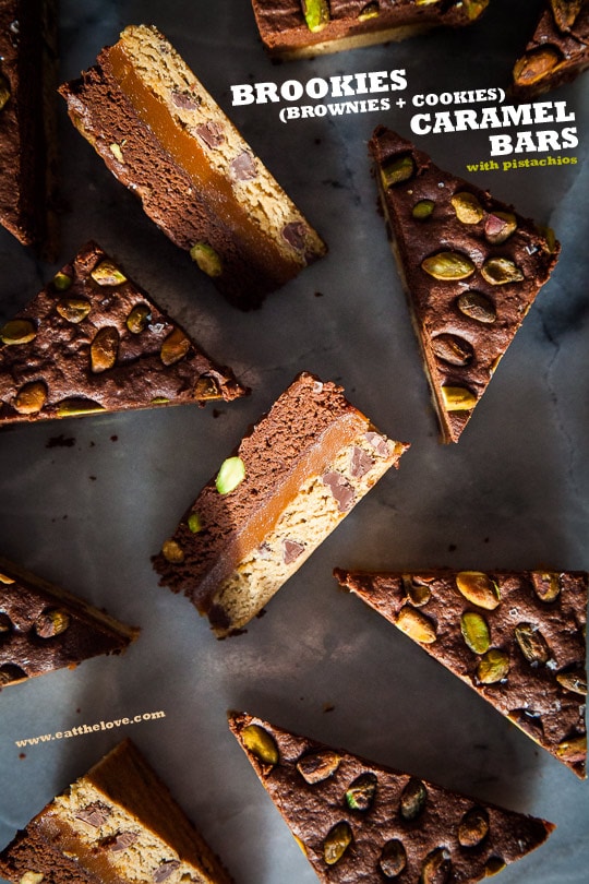 Brookies (Brownies + Cookies) Caramel Bars. Easier to make than they look! Photo and recipe by Irvin Lin of Eat the Love.