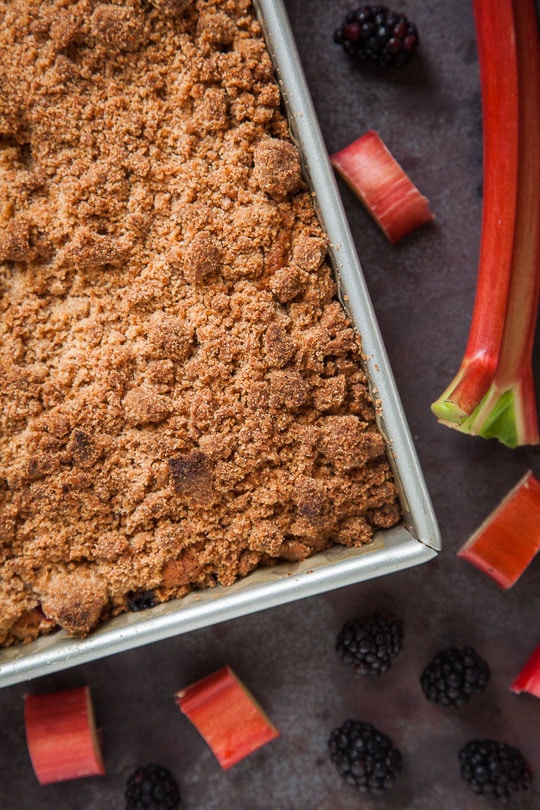 Rhubarb Coffee Cake with Blackberries and Crumb Topping. Photo and recipe by Irvin Lin of Eat the Love.