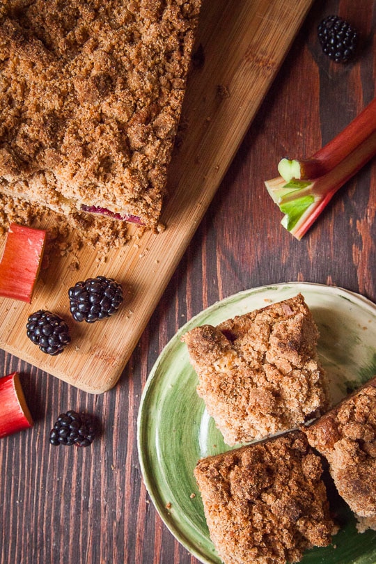 Rhubarb Coffee Cake with Blackberries and Crumb Topping. Photo and recipe by Irvin Lin of Eat the Love.