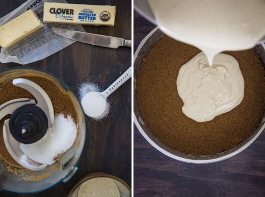 prepping the crust and pouring the cheescake batter in