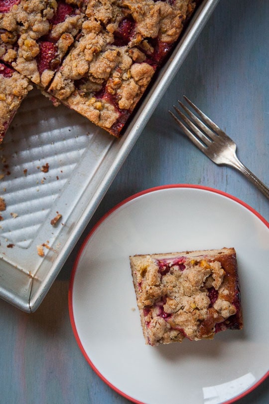 Strawberry Coffee Cake with Pistachio Crumb Topping. Photo and recipe by Irvin Lin