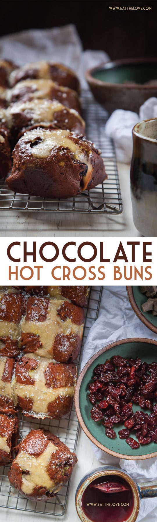 These Chocolate Hot Cross Buns are packed filled with dried cherries and chunks of chopped dark chocolate! Recipe by Irvin Lin of Eat the Love.