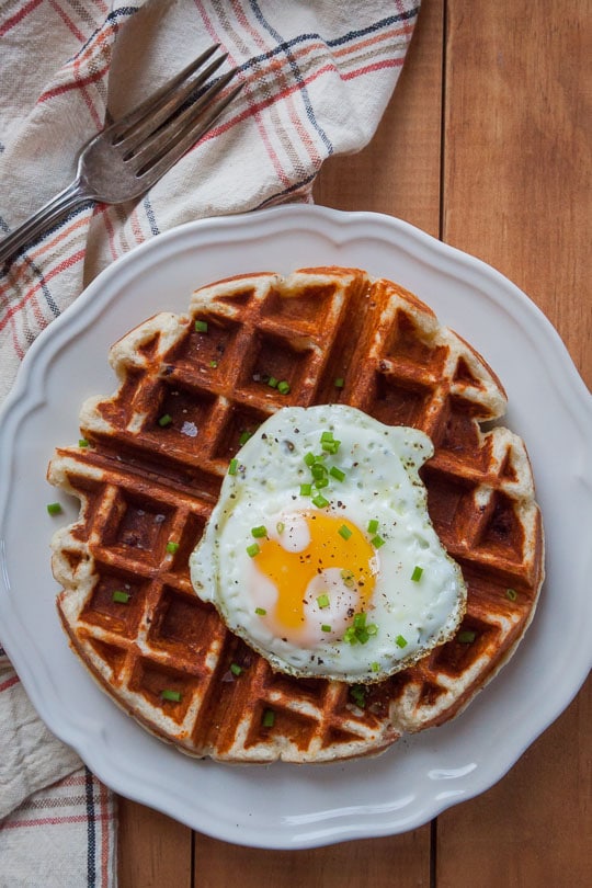 Ham and Parmesan Waffles (with a fried egg on top). Photo and recipe by Irvin Lin