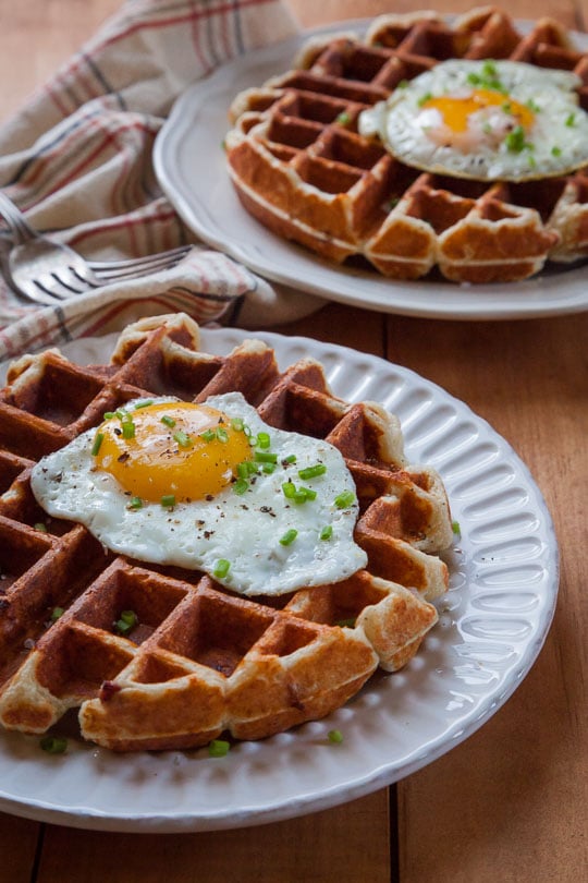 Ham and Parmesan Waffles (with a fried egg on top). Photo and recipe by Irvin Lin